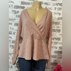 SHEIN Pearl-Studded Blush Wrap Blouse